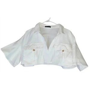 Shein V-Collar Short Sleeve Drop Shoulder Cotton Loose Crop Top With Flap Pocket